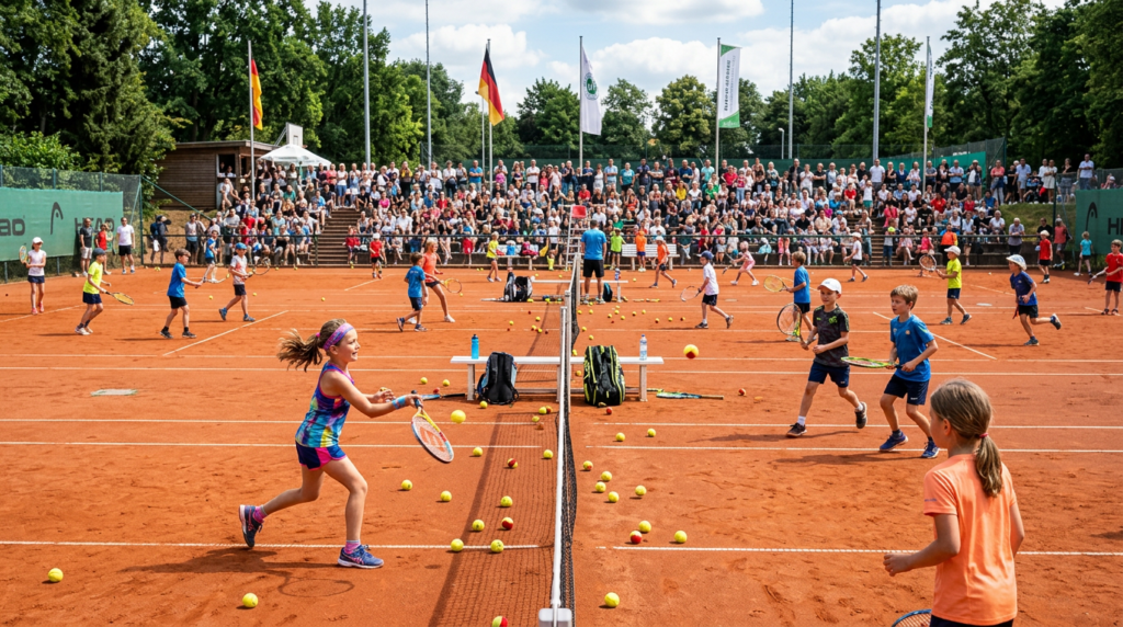 Children practicing tennis on clay courts before a large crowd